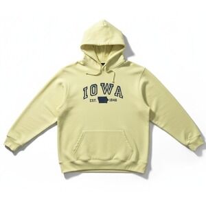 Basix of America Iowa Hoodie Sweatshirt‎ Pale Yellow Pullover Large Athleisure